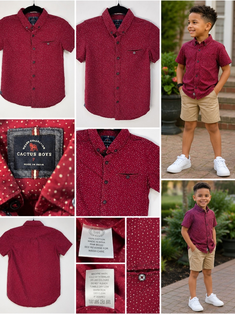 Cactus Boys Shirt Boy 7 Burgundy White Preppy Polka Dot Short Sleeve Button Down